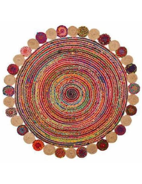 La alfombra circular rancho yute algodón esta elaborada artesanalmente al estilo jarapa rústico.