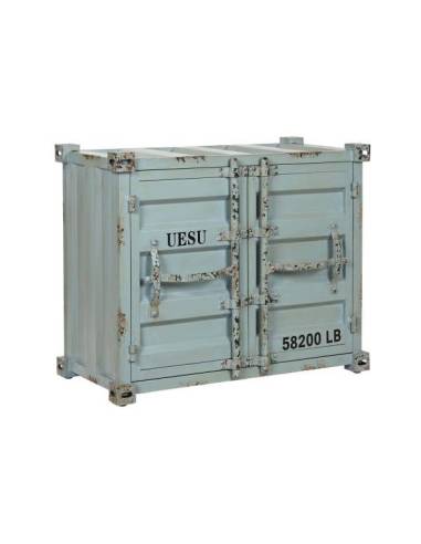 Mueble bar container bajo de color azul fabricado con madera y metal, que imita la forma de un contenedor marítimo.