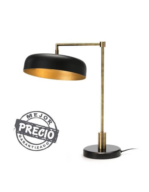Venta lámpara de sobremesa con base de mármol negro y estructura de metal dorado y negro. Un diseño elegante