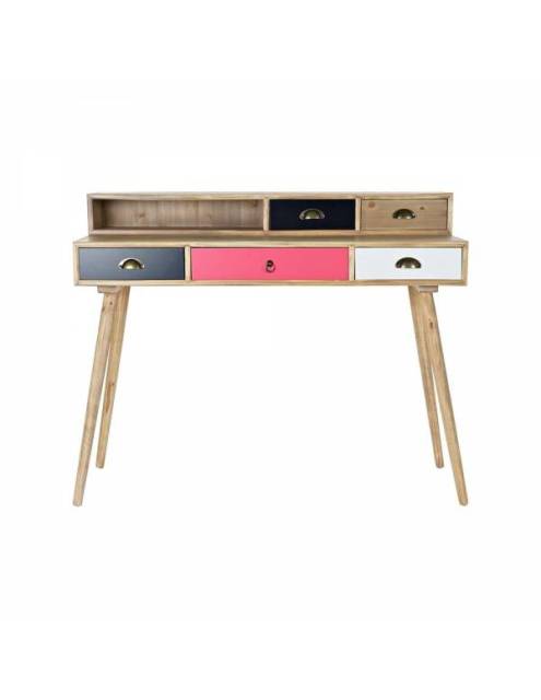 Divertido funcional y vistoso escritorio con cajones color negro, rosa, blanco, azul marino y natural.