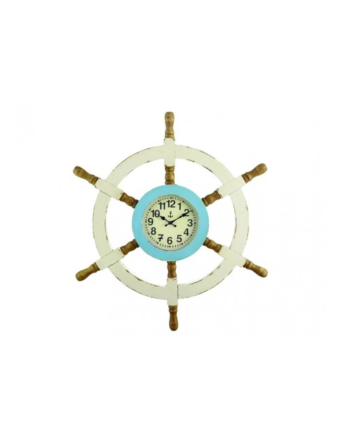 El reloj timón artesanal madera es un accesorio decorativo de estilo náutico pintado a mano