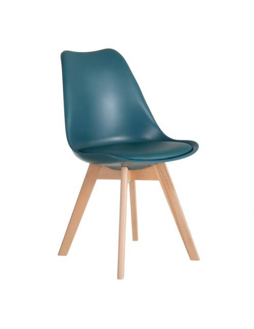 Elegante y cómoda silla nórdica Estocolmo azul con cojín a juego de polipiel. Diseño y confort sobresaliente.