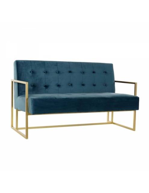 La unión del metal con el tapizado capitoné caracterizan el sofá Berlín terciopelo azul 2 plazas de elegante diseño y acabado.