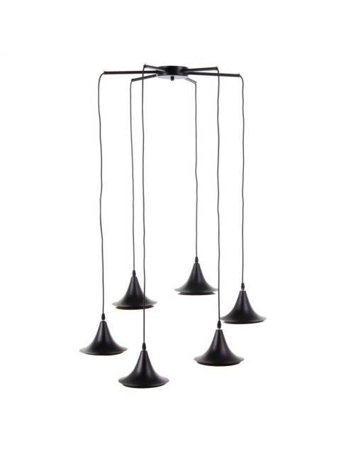Lámpara de techo trompetas black de diseño modernista con seis tulipas de color negro y oro y altura regulable.