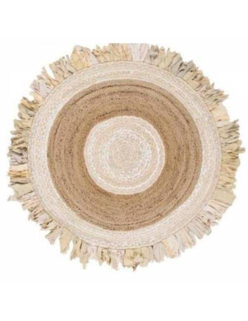 La alfombra circular flecos yute esta elaborada artesanalmente al estilo jarapa rústico.
