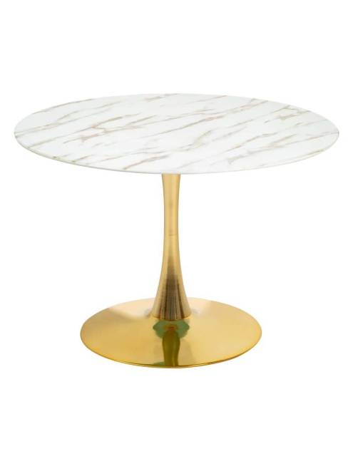 Elegante mesa comedor doramar oro con esbelto pie de acero inoxidable y encimera de cristal imitación mármol.