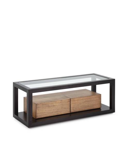 Mueble tv Block cristal madera negro natural, de elegante diseño compacto con dos prácticos cajones de cedro