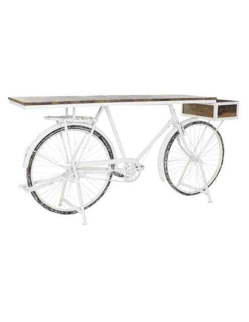 Consola retro vintage con base de bicicleta en acabado blanco. Encimera y cesto lateral de madera acabado natural.
