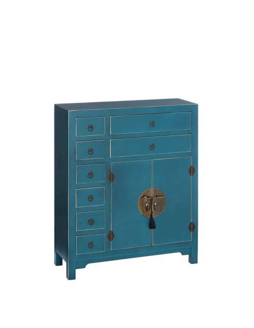 Mueble Auxiliar Oriental Jordania Azul de singular diseño asiático. Combina cajones de diferente tamaño con puertas inferiores