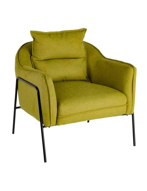 Elegancia y estilo desenfadado caracterizan el sillón Cáceres verde tejido metal. Un diseño actual y muy cómodo.