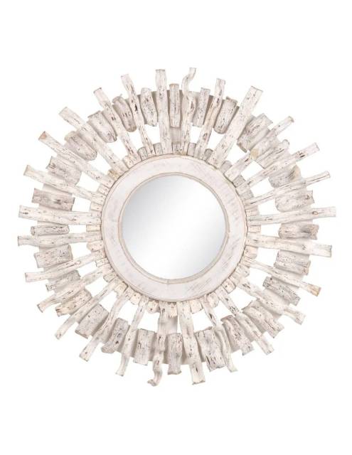 El Espejo Nautilus blanco rozado de fabricación artesanal es perfecto para decorar recibidores, dormitorios y salones