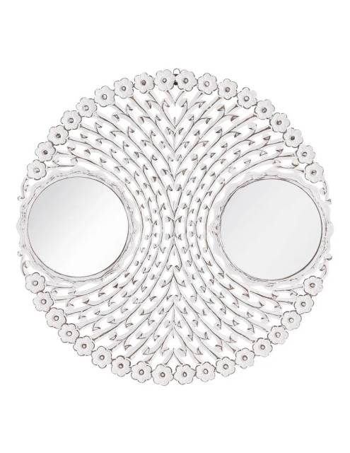 Espejo buho blanco rozado de singular y original diseño con doble espejo unidos por elegante estructura circular.