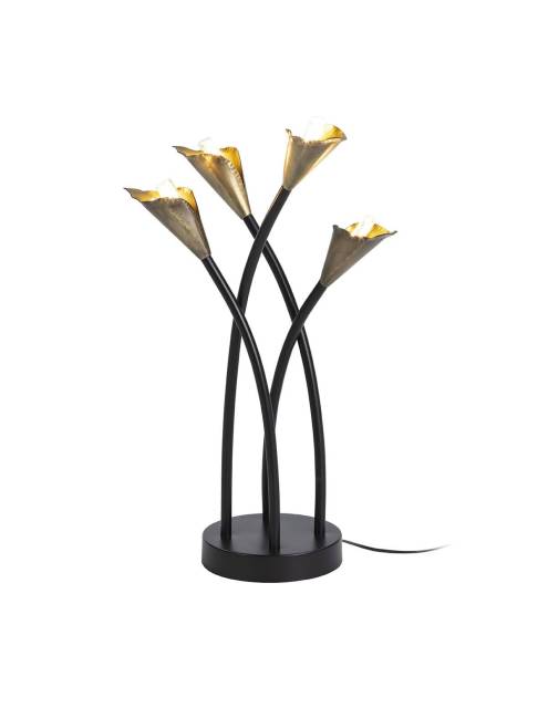 Lámpara de sobremesa flor de calas de original diseño y elegante acabado dorado y negro. Dispone de 4 focos orientables.