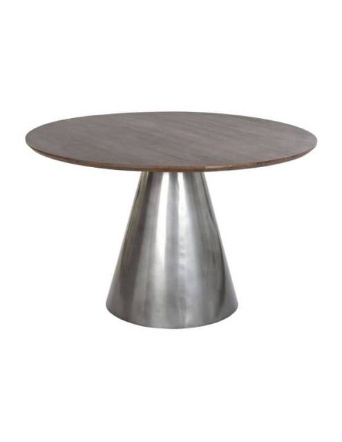 Mesa comedor redonda Neptuno de diseño industrial. Elaborada artesanalmente con aluminio y madera de mango.