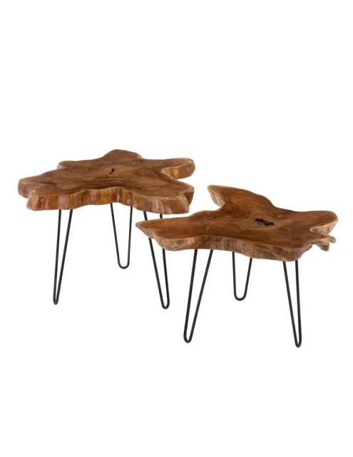 Set 2 mesas auxiliares Amazonas de madera de teca y patas de hierro. Piezas únicas muy prácticas para la estancia.