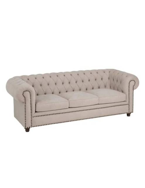 Disfrute de la elegancia y confort del sofá chester capitoné grisáceo tachuelas, un clásico del diseño