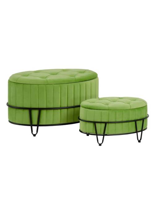 El set 2 puff arcón oval verde, esta formado por 2 elegantes piezas encajadas sobre estructura metálica.