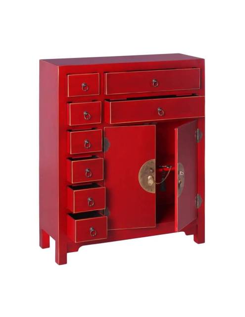 Mueble Auxiliar Oriental Jordania Rojo de singular diseño asiático con singulares detalles en el frontal